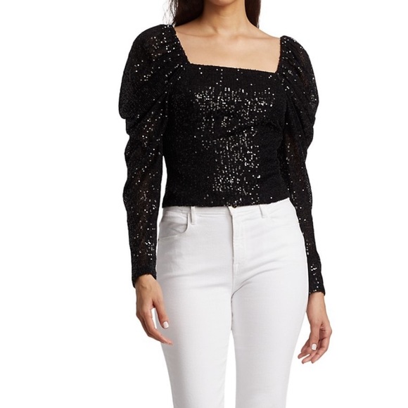 NWT Ramy Brook Black Skye Sequin Puff Sleeve Top Size 2 - Picture 3 of 7
